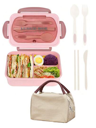 Lekvrije 1200ml Volwassen Bento Lunchbox met Bestek en 3 Compartimenten