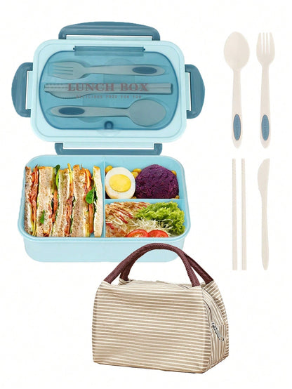 Lekvrije 1200ml Volwassen Bento Lunchbox met Bestek en 3 Compartimenten