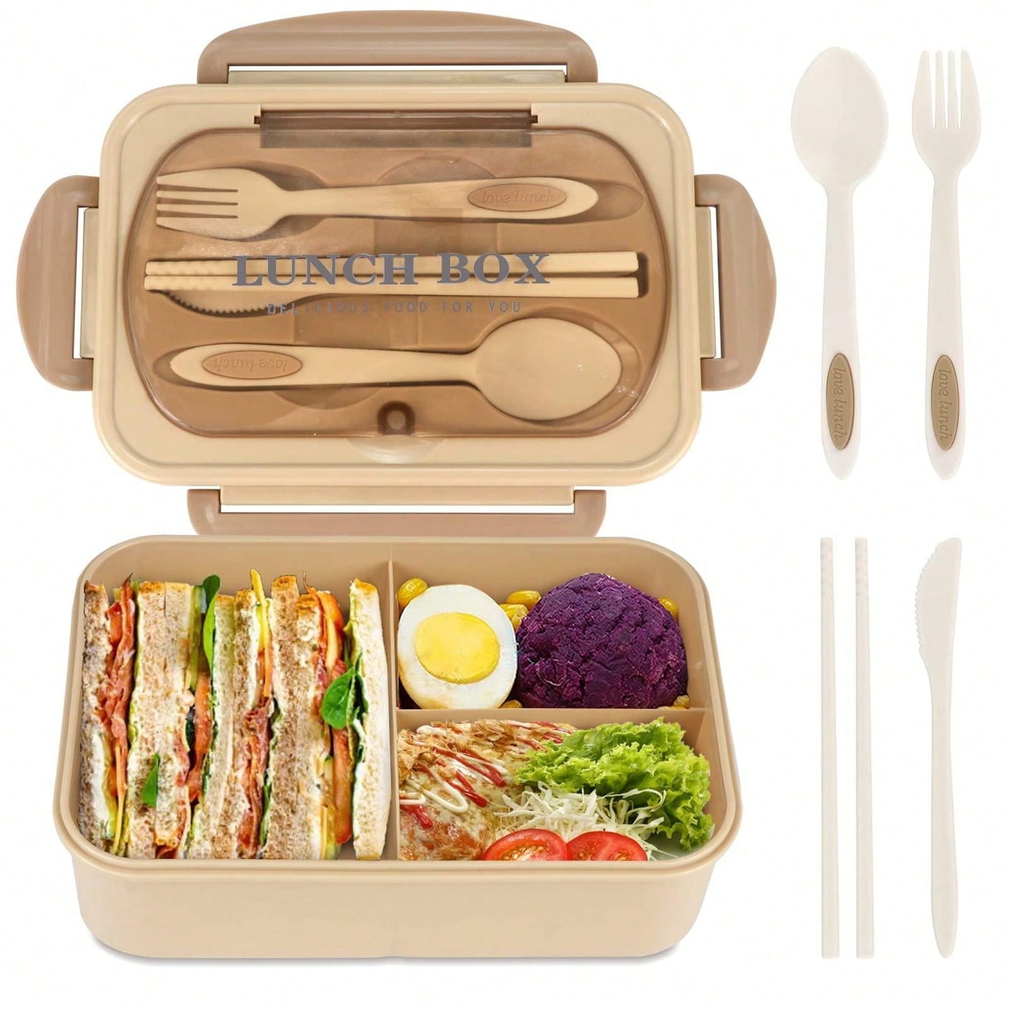 Lekvrije 1200ml Volwassen Bento Lunchbox met Bestek en 3 Compartimenten