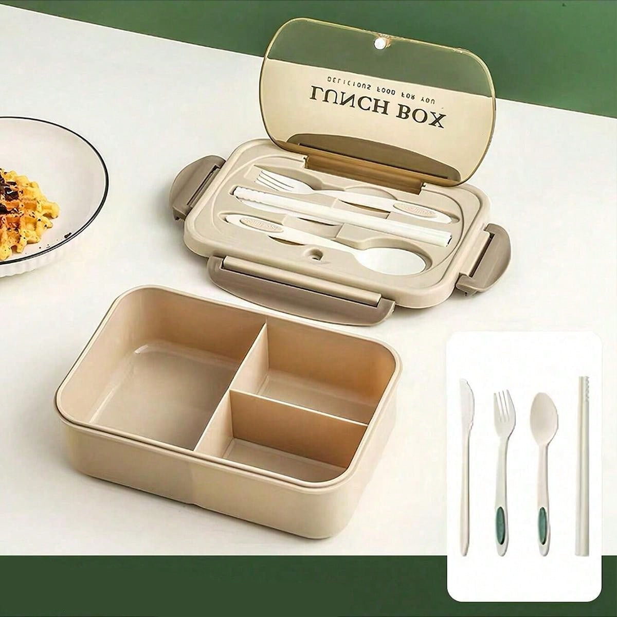 Lekvrije 1200ml Volwassen Bento Lunchbox met Bestek en 3 Compartimenten