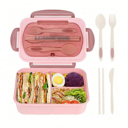 Lekvrije 1200ml Volwassen Bento Lunchbox met Bestek en 3 Compartimenten