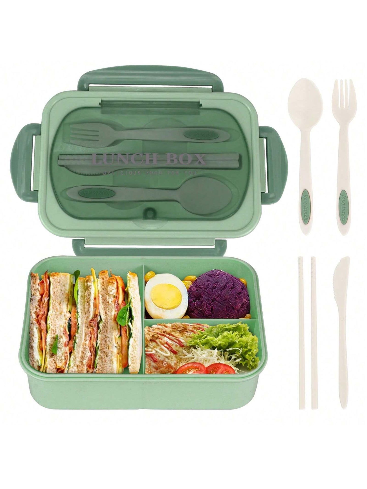 Lekvrije 1200ml Volwassen Bento Lunchbox met Bestek en 3 Compartimenten