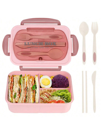 Lekvrije 1200ml Volwassen Bento Lunchbox met Bestek en 3 Compartimenten