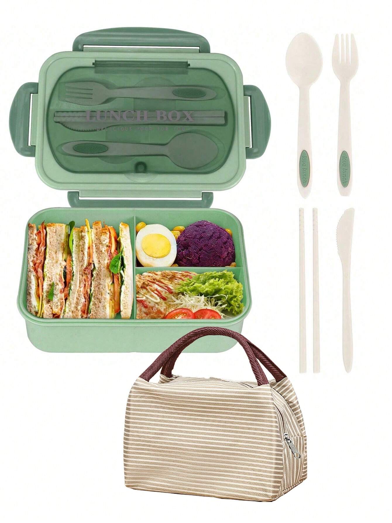 Lekvrije 1200ml Volwassen Bento Lunchbox met Bestek en 3 Compartimenten
