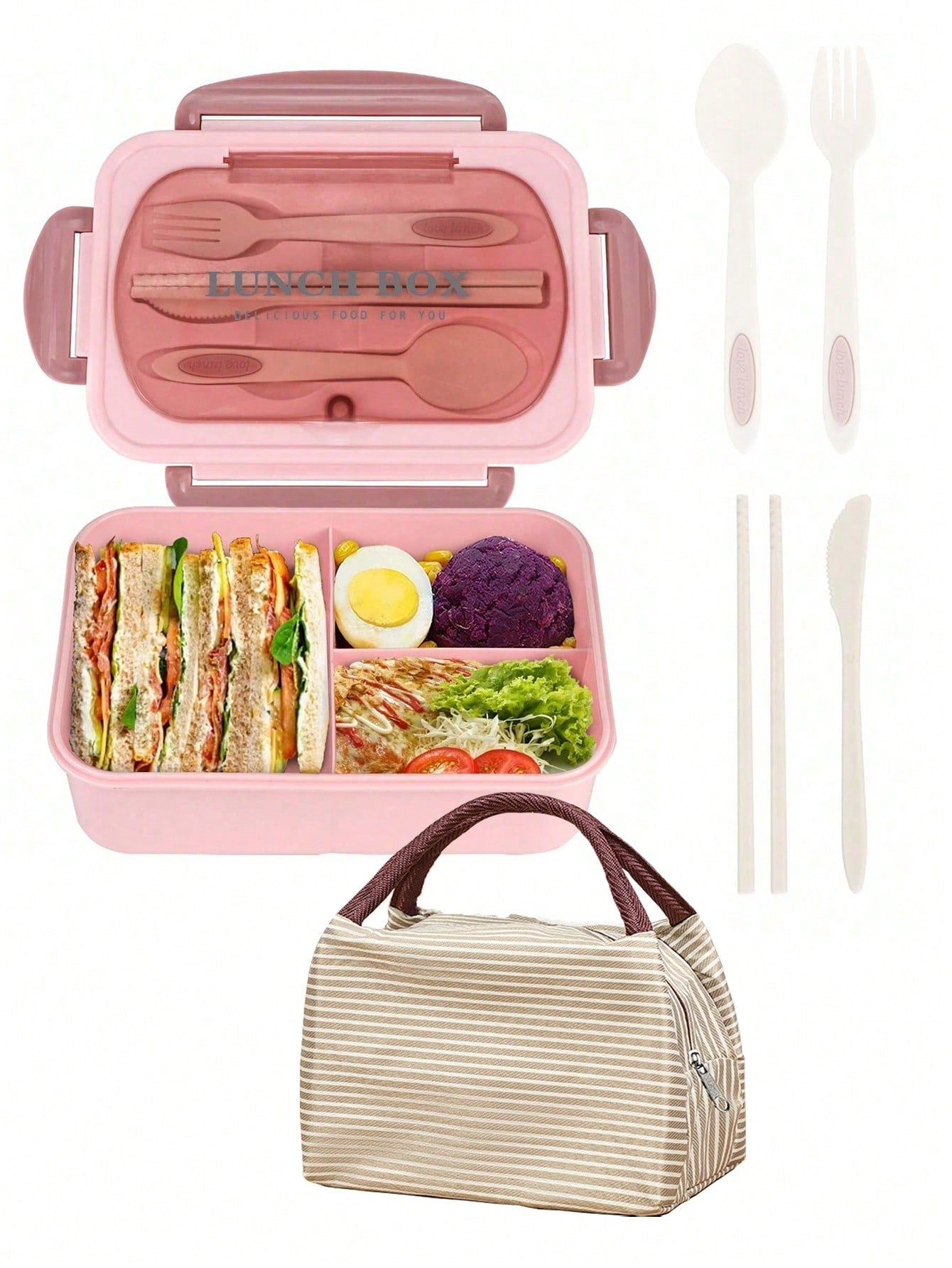 Lekvrije 1200ml Volwassen Bento Lunchbox met Bestek en 3 Compartimenten