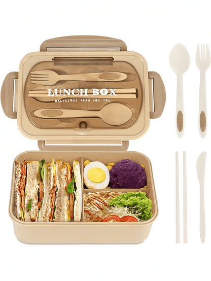 Lekvrije 1200ml Volwassen Bento Lunchbox met Bestek en 3 Compartimenten