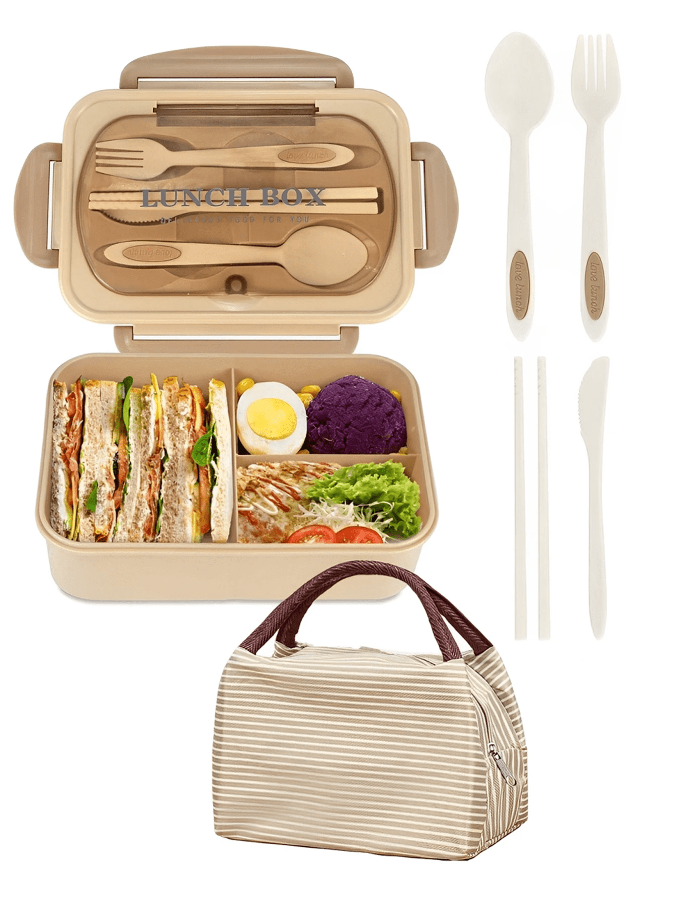 Lekvrije 1200ml Volwassen Bento Lunchbox met Bestek en 3 Compartimenten
