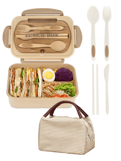 Lekvrije 1200ml Volwassen Bento Lunchbox met Bestek en 3 Compartimenten