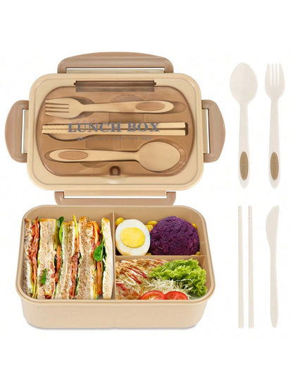 Lekvrije 1200ml Volwassen Bento Lunchbox met Bestek en 3 Compartimenten