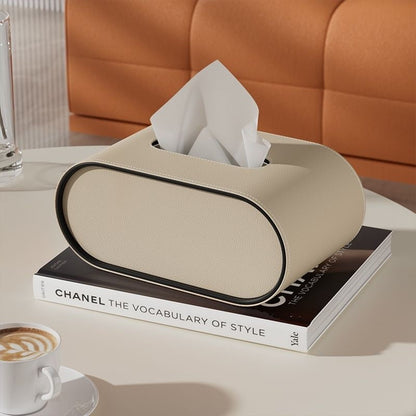 Lederhülle für Taschentuchbox mit ovalem Design und kontrastierender Paspel