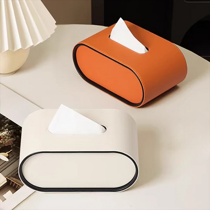 Lederhülle für Taschentuchbox mit ovalem Design und kontrastierender Paspel