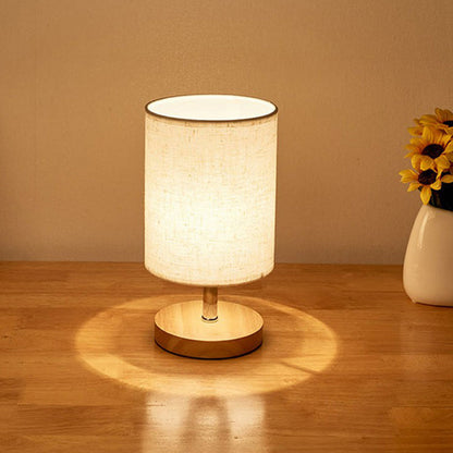 LinenWood Minimalistische Tischlampe mit Holzfuß und Leinen-Schirm  
