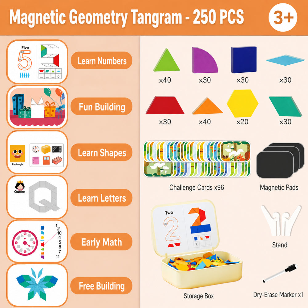 Magnetic Wooden Pattern Blocks STEM Puzzle Educational Learning Toy Set 248 Pieces