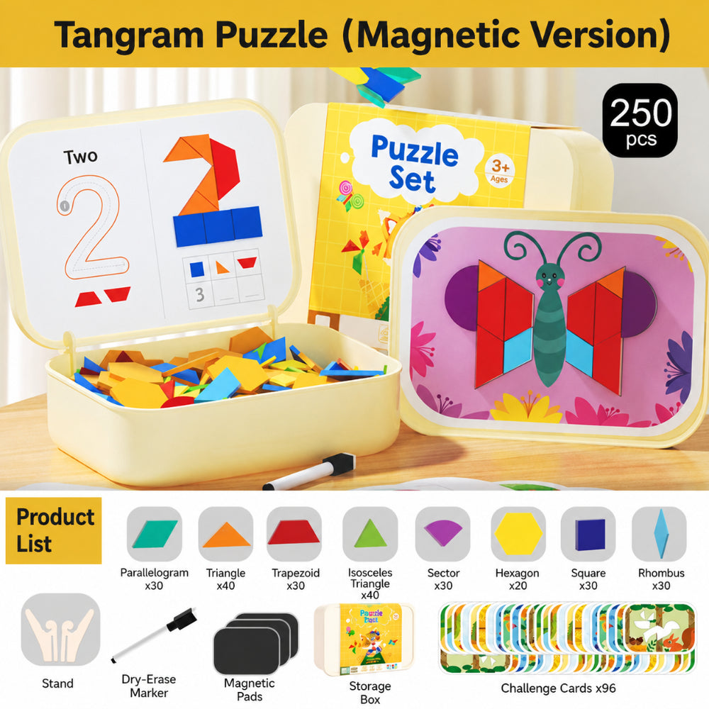 Magnetic Wooden Pattern Blocks STEM Puzzle Educational Learning Toy Set 248 Pieces