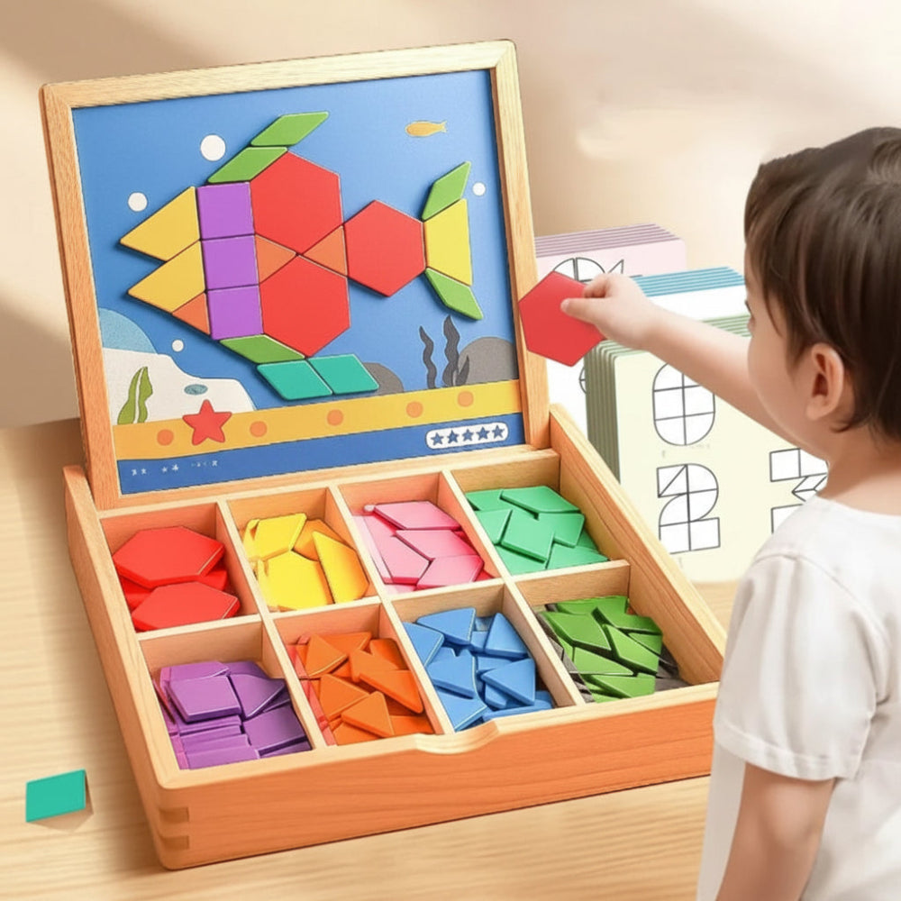 Magnetic Wooden Pattern Blocks STEM Puzzle Educational Learning Toy Set 248 Pieces