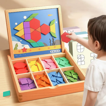 Magnetic Wooden Pattern Blocks STEM Puzzle Educational Learning Toy Set 248 Pieces