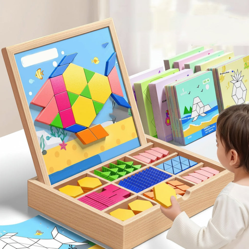 Magnetic Wooden Pattern Blocks STEM Puzzle Educational Learning Toy Set 248 Pieces