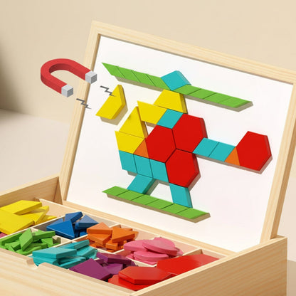 Magnetic Wooden Pattern Blocks STEM Puzzle Educational Learning Toy Set 248 Pieces