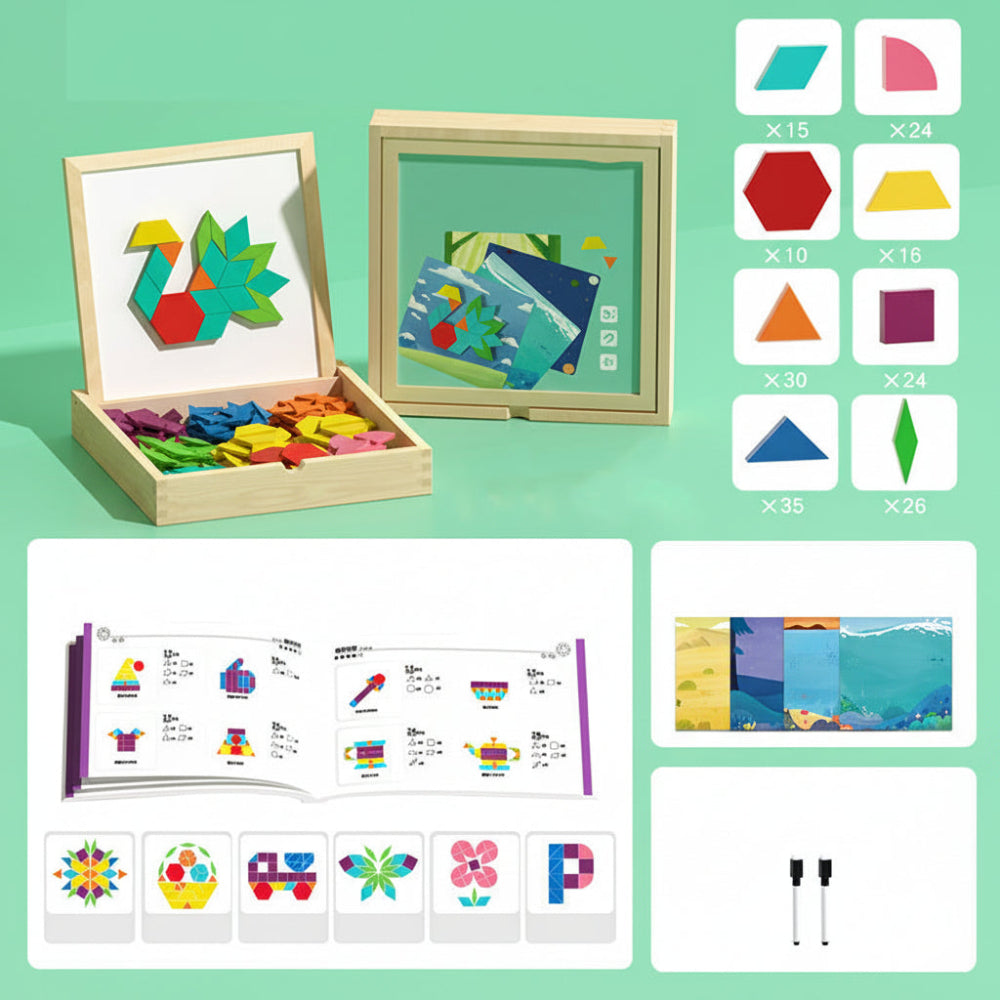Magnetic Wooden Pattern Blocks STEM Puzzle Educational Learning Toy Set 248 Pieces