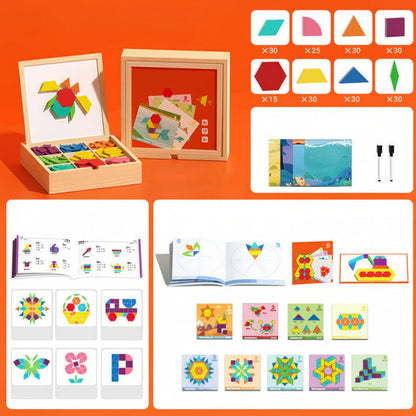 Magnetic Wooden Pattern Blocks STEM Puzzle Educational Learning Toy Set 248 Pieces