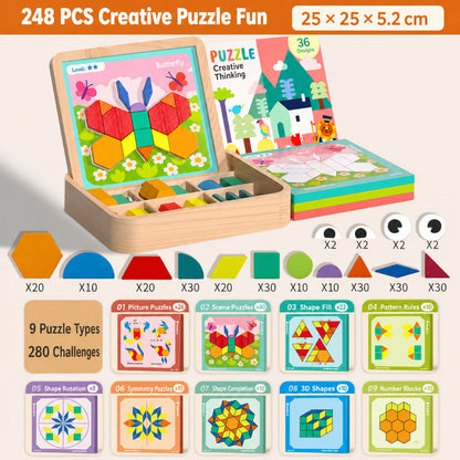 Magnetic Wooden Pattern Blocks STEM Puzzle Educational Learning Toy Set 248 Pieces