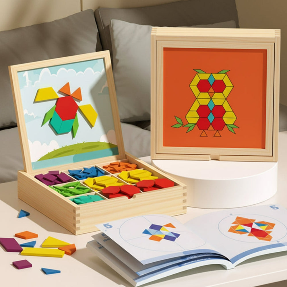 Magnetic Wooden Pattern Blocks STEM Puzzle Educational Learning Toy Set 248 Pieces
