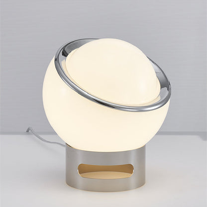 Minimalistisk bordlampe i opalglas med base i rustfrit stål
