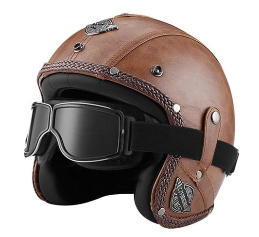 MotoClassic Retro Scooter Helmet with Sun Visor and Leather Finish for Stylish Riding