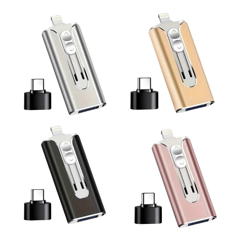 USB-flashdrev med flere stik til filopbevaring på telefon og computer