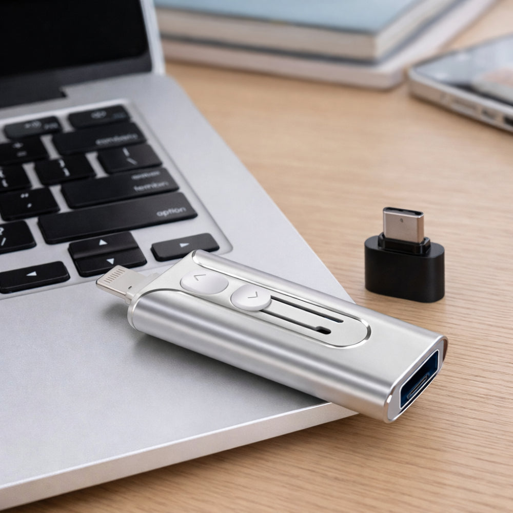 USB-flashdrev med flere stik til filopbevaring på telefon og computer