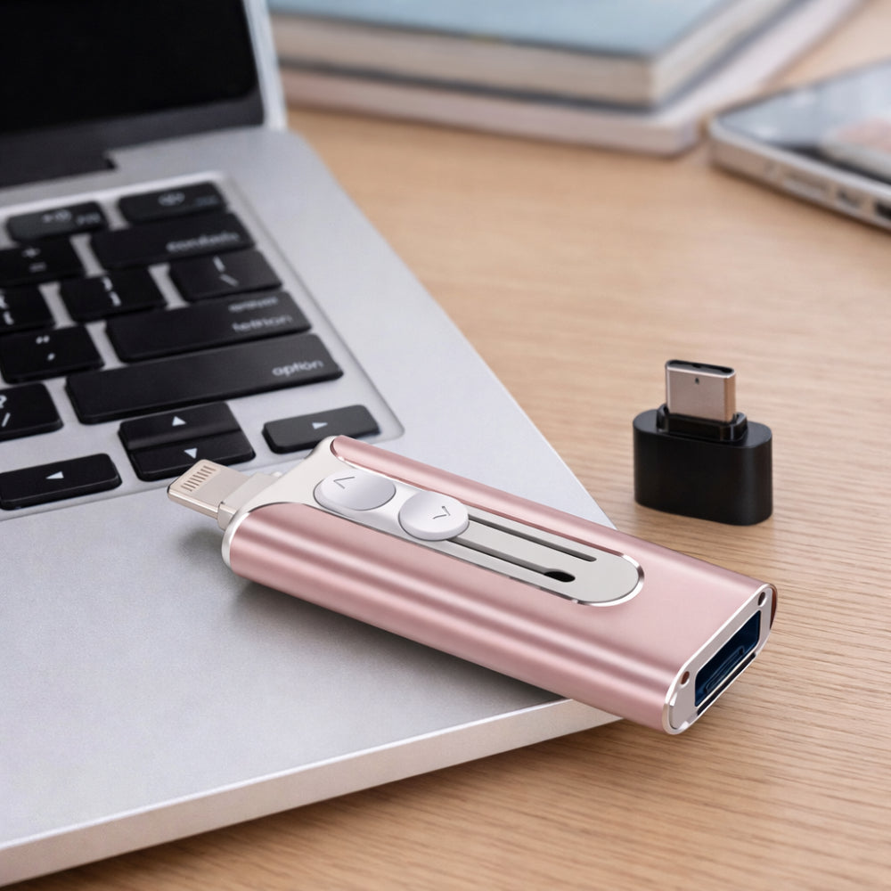 USB-flashdrev med flere stik til filopbevaring på telefon og computer