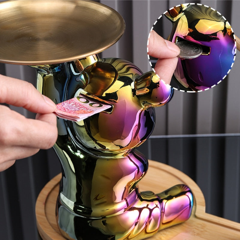 Multifunctional Metal Piggy Bank – Bear Design with Decorative Display Shelf