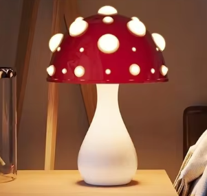 Lampa stołowa w kształcie grzybka z delikatnym światłem ambientowym i zabawnym designem