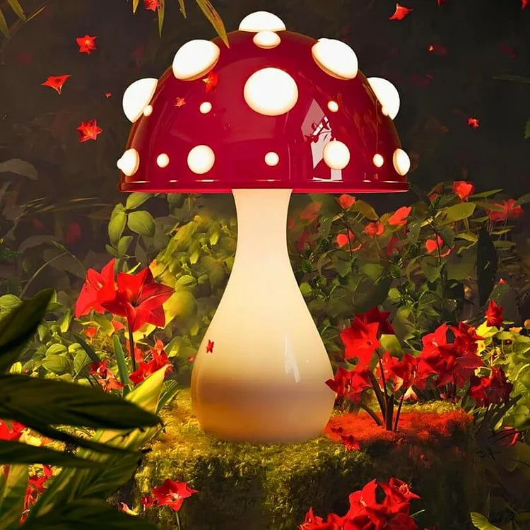 Lampa stołowa w kształcie grzybka z delikatnym światłem ambientowym i zabawnym designem