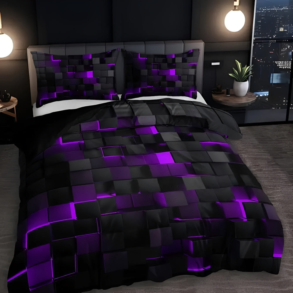 Neon 3D Grid Quilt Cover Set Microfiber Cotton Modern Bedding Decor