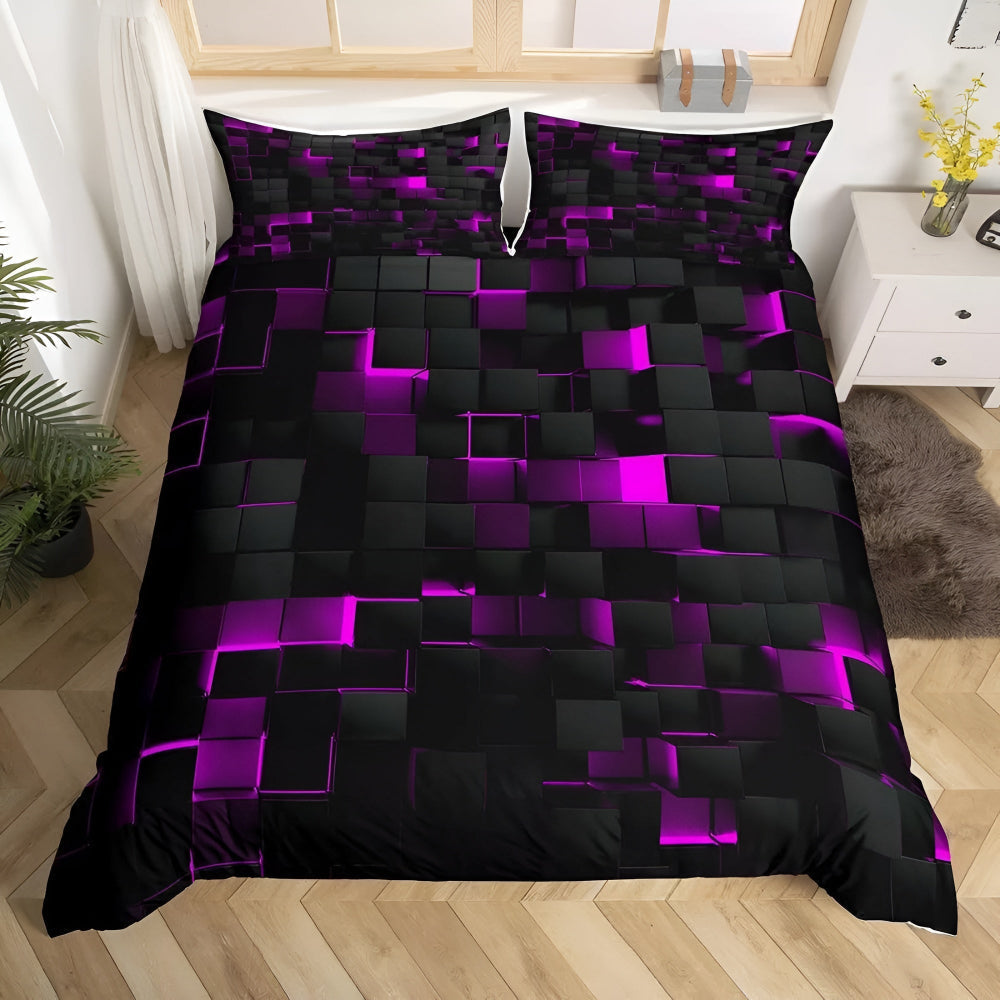 Neon 3D Grid Quilt Cover Set Microfiber Cotton Modern Bedding Decor