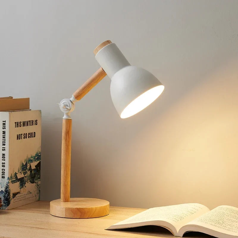 Nordycka drewniana lampa biurkowa z regulacją, E27, nowoczesna lampa stołowa