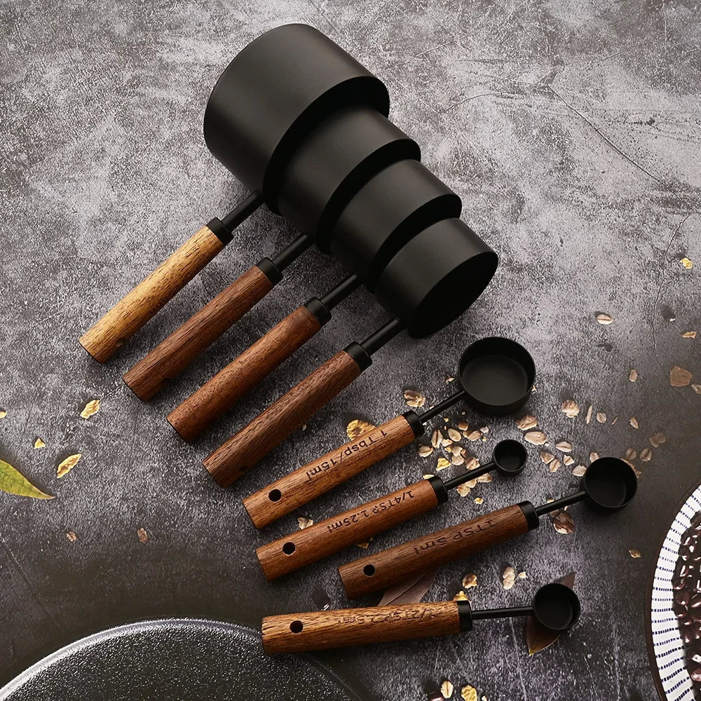 Oak and Stainless Steel Measuring Cup and Spoon Set with 8 Pieces