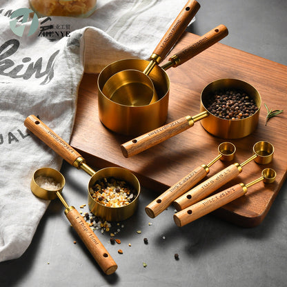 Oak and Stainless Steel Measuring Cup and Spoon Set with 8 Pieces
