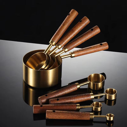 Oak and Stainless Steel Measuring Cup and Spoon Set with 8 Pieces
