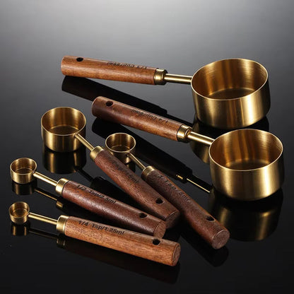 Oak and Stainless Steel Measuring Cup and Spoon Set with 8 Pieces