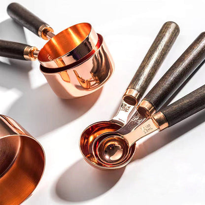 Oak and Stainless Steel Measuring Cup and Spoon Set with 8 Pieces