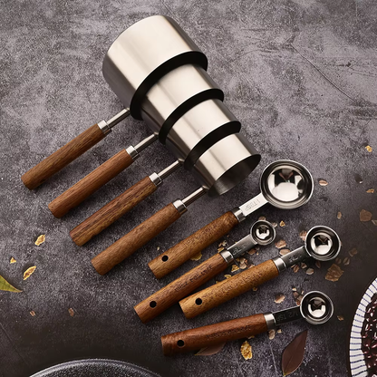 Oak and Stainless Steel Measuring Cup and Spoon Set with 8 Pieces