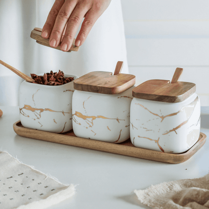 Porzellan-Gewürzgläser-Set mit Holztablett und luftdichten Deckeln