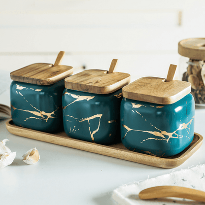 Porzellan-Gewürzgläser-Set mit Holztablett und luftdichten Deckeln