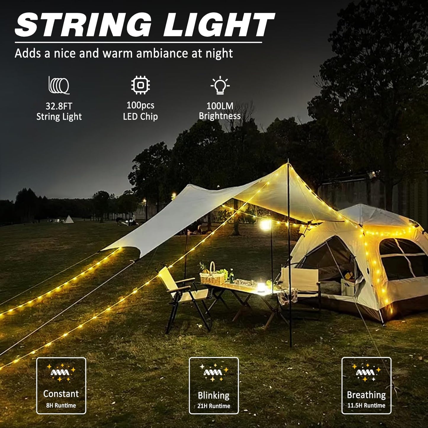 Bærbar LED camping lyskæde USB genopladelig vandtæt 10m eventyrlys