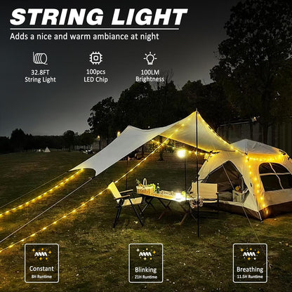 Bærbar LED camping lyskæde USB genopladelig vandtæt 10m eventyrlys