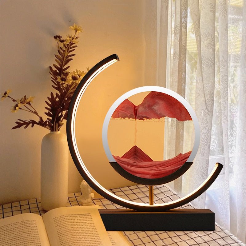 LED-bordlampe med kviksand og 3D-sandkunst med roterende stemningsbelysning