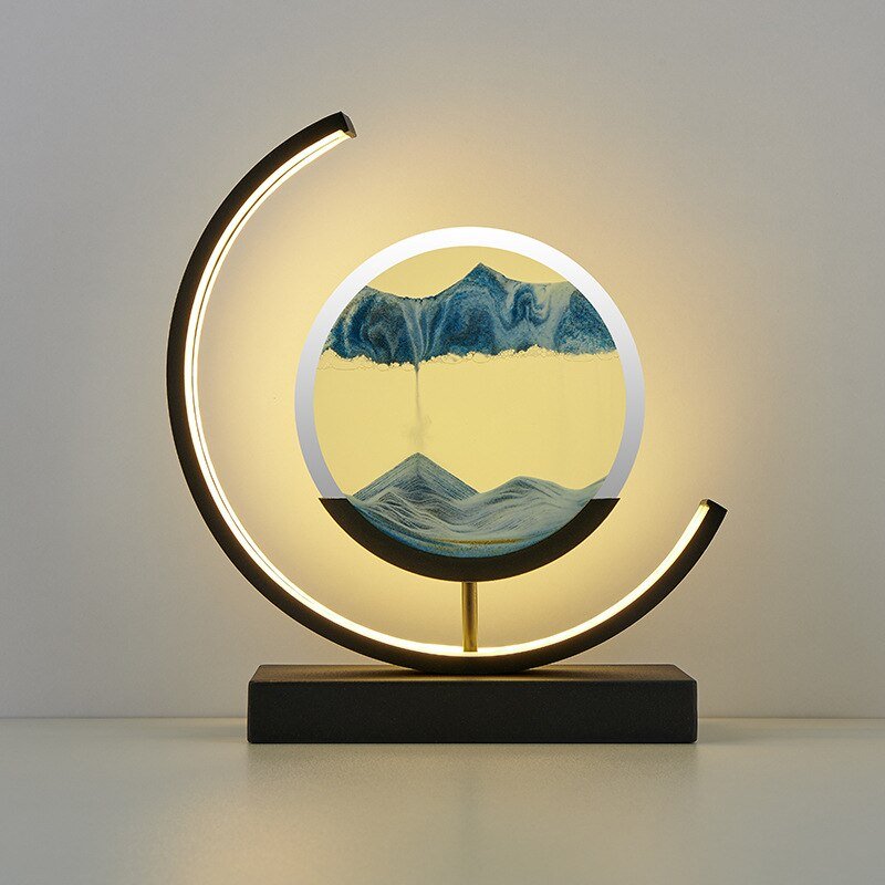 LED-bordlampe med kviksand og 3D-sandkunst med roterende stemningsbelysning