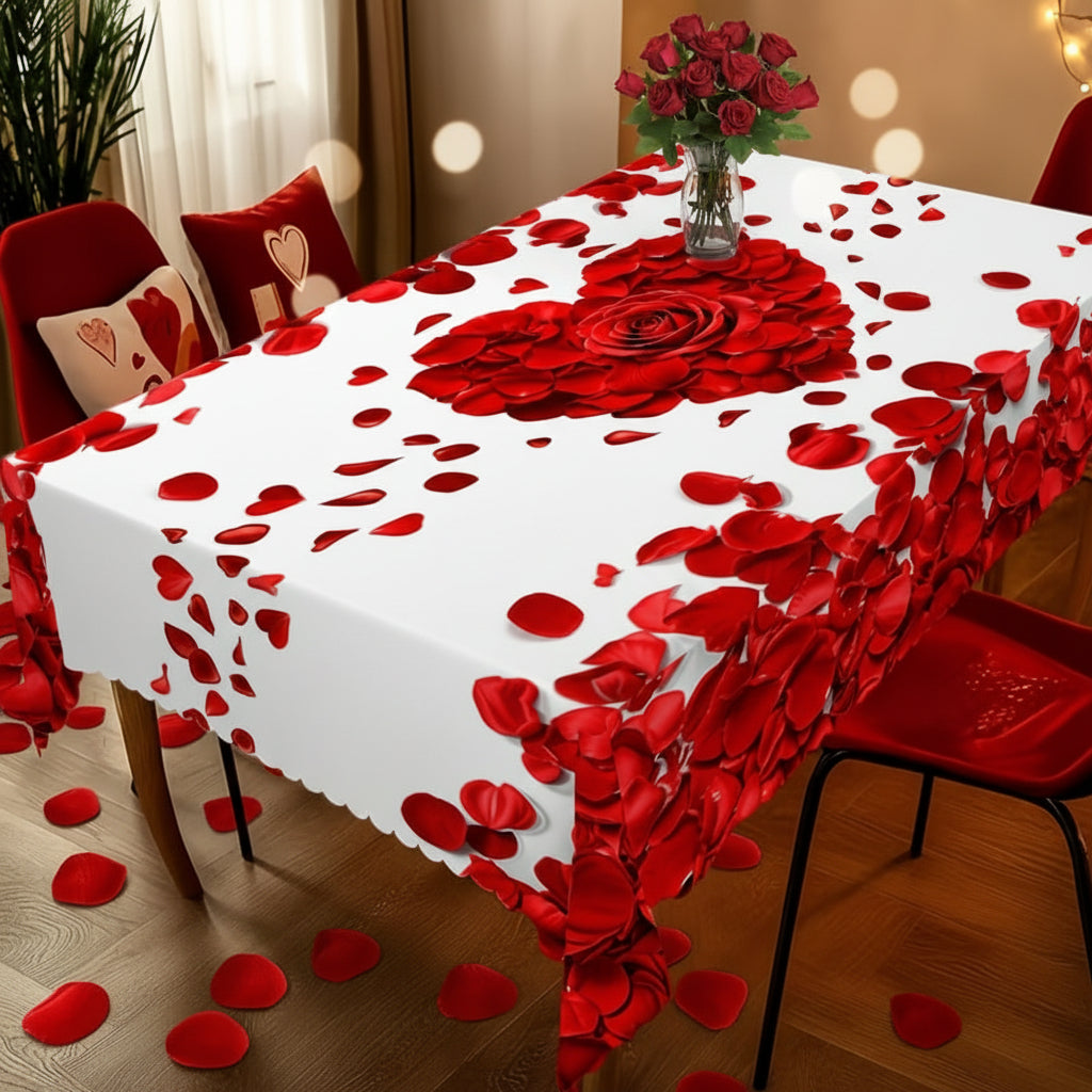 Tischdecke mit Rosenblütenherz, romantischer Polyester-Tischbezug für den Esstisch